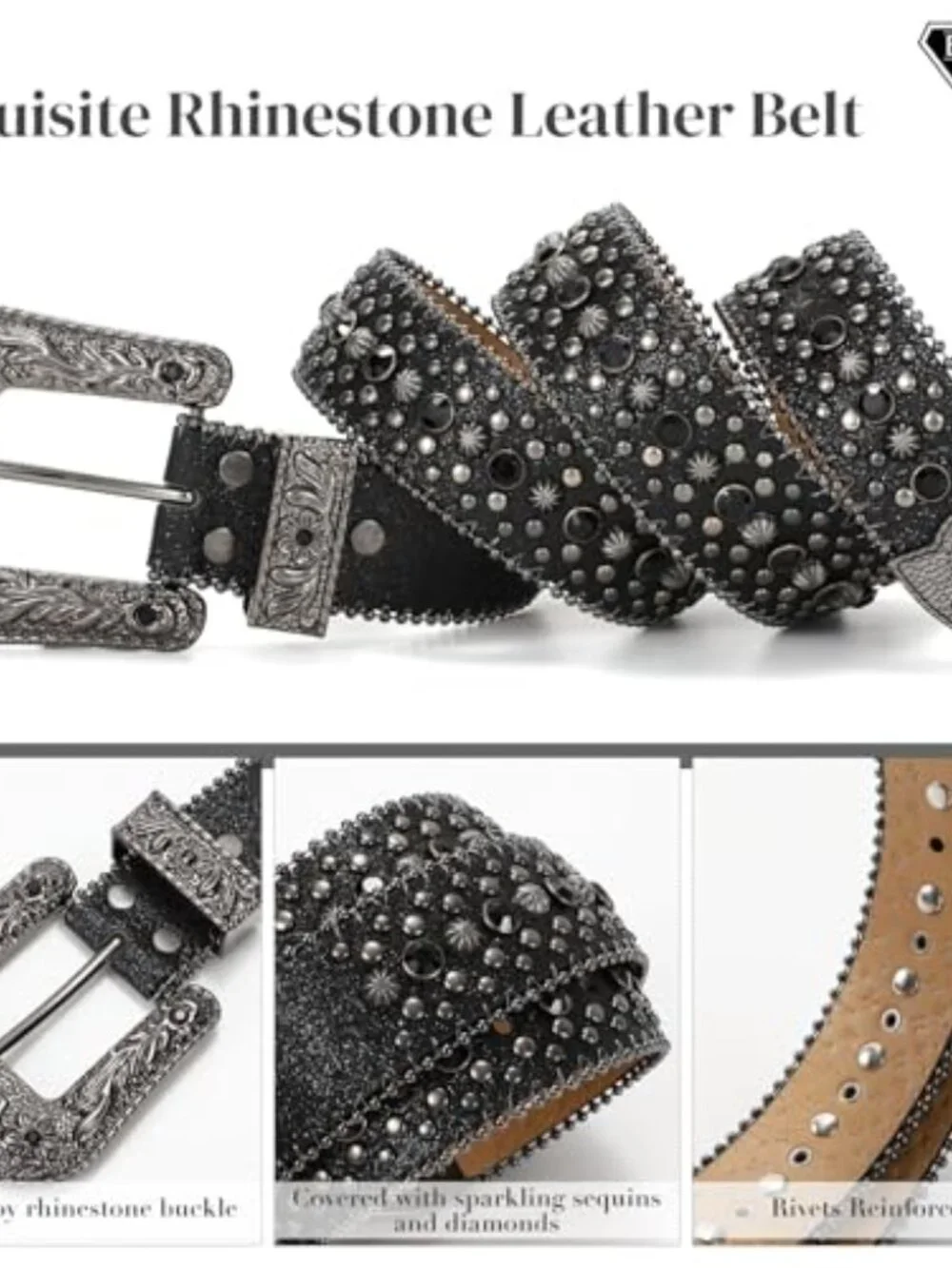 Rhinestone Belt Goth Bling Belt Sparkly Leather Western Cowboy Belt